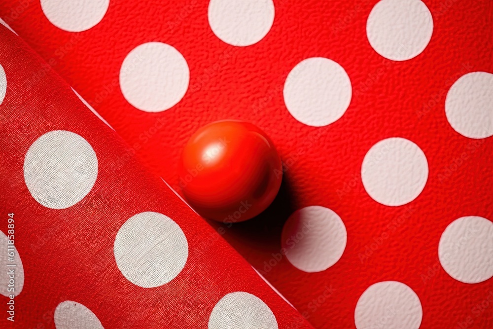 Poster a red and white polka dot wrapping paper with a red ball on top of the red and white polka dot wrapp