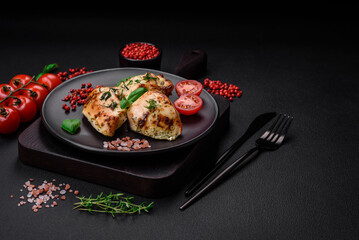 Delicious juicy chicken, turkey skewers with salt, spices and herbs