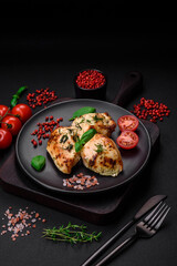 Delicious juicy chicken, turkey skewers with salt, spices and herbs