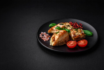 Delicious juicy chicken, turkey skewers with salt, spices and herbs
