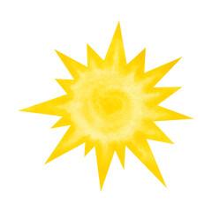 Yellow, bright, abstract, watercolor sun, explosion, isolated on white background. Drawn by hand. For a holiday, as an element of design and decoration.