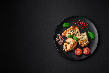 Delicious juicy chicken, turkey skewers with salt, spices and herbs