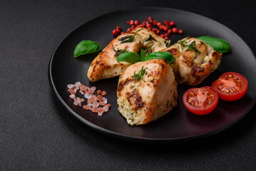 Delicious juicy chicken, turkey skewers with salt, spices and herbs