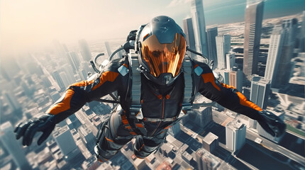 Flying human with jetpack above the city, concept of future jet suit, generative ai