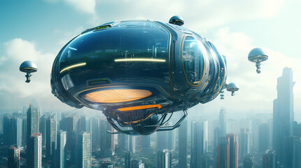 Futuristic flying transportation bubble shaped vehicle above a megapolis, generative ai