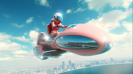 Futuristic flying motorcycle above the city with a female rider, generative ai