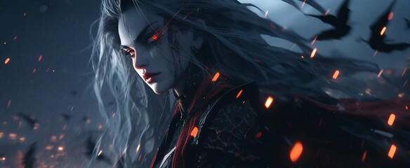 Animation Style Female Vampire With Long White Hair and Glowing Red Eyes Generative AI