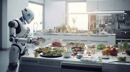 Robot preparing food in the kitchen, future concept of cooking, generative ai