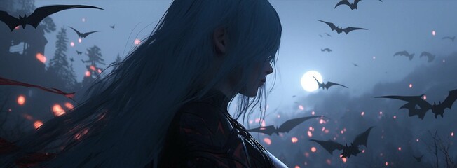 Animation Style Female Vampire With Long White Hair Generative AI