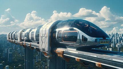 Futuristic train above the city, concept of transportation in the future, generative ai