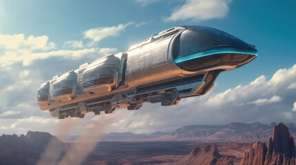 Futuristic flying train, sci-fi concept of transportation, generative ai
