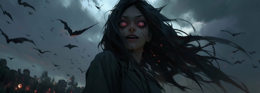 Animation Style Female Vampire With Long Black Hair and Glowing Red Eyes Generative AI