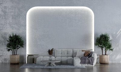 Modern white sofa and empty wall in living room interior, modern design, mock up furniture decorative interior, 3d rendering