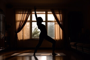 Fototapeta na wymiar Silhouette of a woman doing yoga at home embodiment and awareness through movement