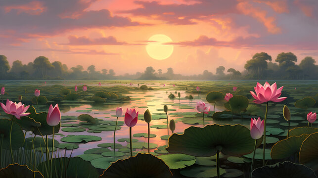 Beautiful lotus flowers and leaves in the pond at dusk. Beautiful sunrise or sunset with twilight sky and clouds. Colorful minimal landscape illustration vector digital painting art. Digital illustrat