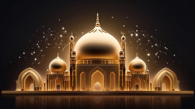3D illustration of golden mosque with glowing lights on black background.