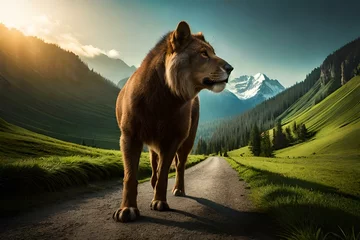 Tuinposter Graceful lion observing the wilderness in a serene environment © Pretty Panda