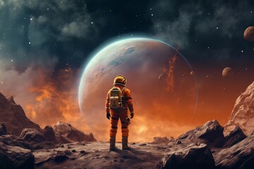 Obraz na płótnie Canvas Man astronaut in a spacesuit on the surface of the planet in outer space. Ai Generative AI