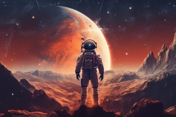 Man astronaut in a spacesuit on the surface of the planet in outer space. Ai Generative AI