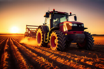 Fototapeta premium Sunset Harvest Modern Tractor and Agricultural Machinery Working in the Field. created with Generative AI