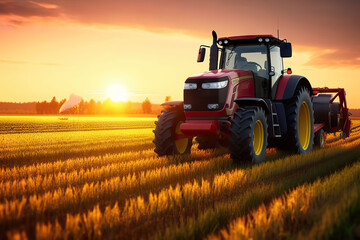 Fototapeta premium Sunset Harvest Modern Tractor and Agricultural Machinery Working in the Field. created with Generative AI