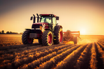 Obraz premium Sunset Harvest Modern Tractor and Agricultural Machinery Working in the Field. created with Generative AI
