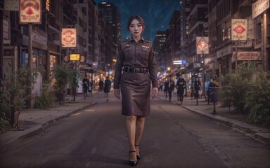 beautiful asian thai police woman at street night, generative AI