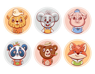 Set of vector icons and avatars with cute animals: pig, panda, bear, mouse, fox and ram in cartoon comic style.