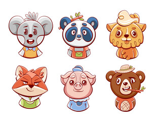 Set of vector characters of cute animals: pig, panda, bear, mouse, fox and ram in cartoon comic style.