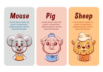 Vector cards with cute animals: sheep, mouse and pig in cartoon style.