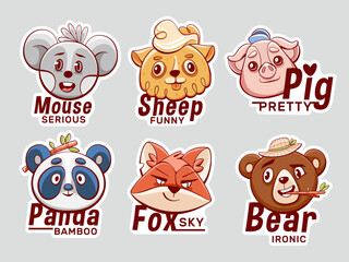 Vector stickers with cute animals: mouse, pig, panda, bear, fox and sheep in cartoon style.