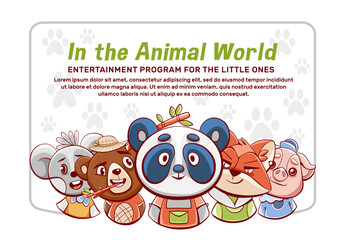 Vector poster with cute animals: pig, panda, bear, mouse, fox and ram in cartoon comic style.