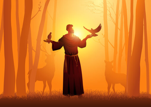 Saint Francis of Assisi with animals in the woods