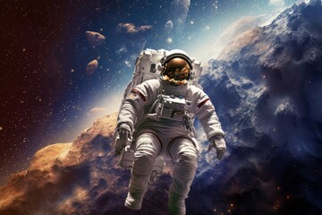 Fototapeta premium Man astronaut in a spacesuit on the surface of the planet in outer space. Ai Generative AI