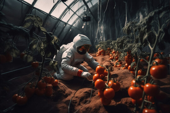 Astronaut planting tomato plants. Planet Mars colonization concept. Generative AI illustration
