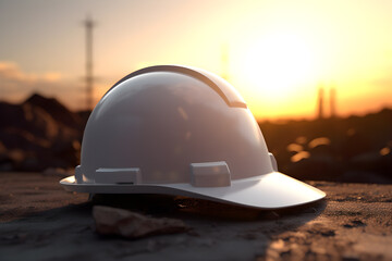 Fototapeta na wymiar Close up of white safety helmet with sunset background, Helmet in construction site after work during the sunset, Safety and Engineering Concept - generative ai