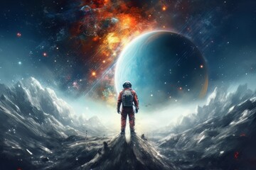 Fototapeta na wymiar Man astronaut in a spacesuit on the surface of the planet in outer space. Ai Generative AI