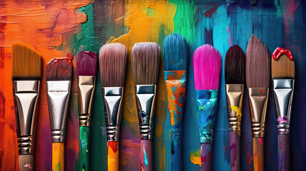 Fototapeta premium Vibrant Creativity Closeup of Artist Paintbrushes on an Artistic Wooden Background with Colorful Paints. created with Generative AI