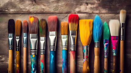 Fototapeta premium Vibrant Creativity Closeup of Artist Paintbrushes on an Artistic Wooden Background with Colorful Paints. created with Generative AI