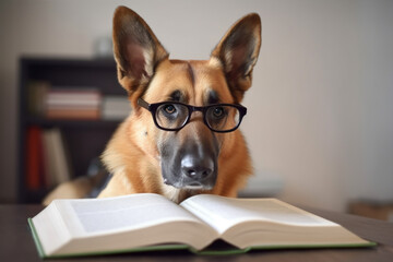 Smart dog with reading glasses and book. Generative AI illustration