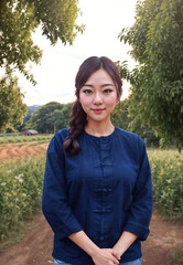 Fototapeta premium beautiful woman wearing Traditional Thai blue shirt with short sleeves (Morhom) , generative AI
