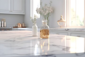 white marble countertop on blur kitchen interior background, generative ai