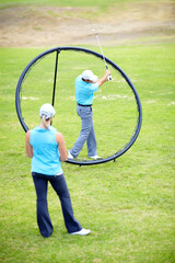 Ring, woman or beginner golfer in golf course lesson for fitness, workout or exercise with a swing...