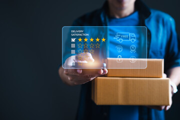 Online Shopping Satisfaction, Man Rating Delivery Service on Virtual Screen