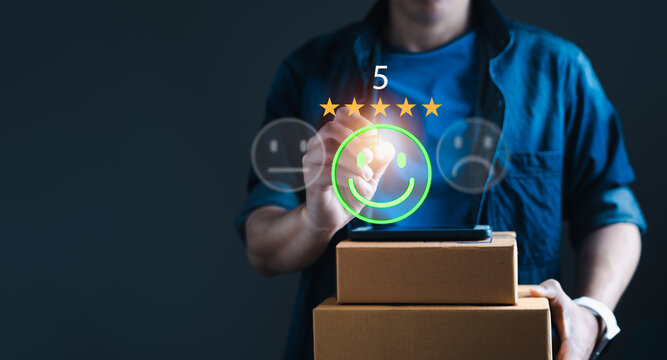 Online Shopping Satisfaction, Man Rating Delivery Service on Virtual Screen