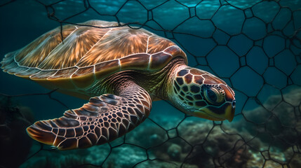 a large sea turtle swimming near a fishing net - generative ai