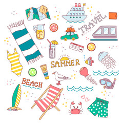 Summer set of objects. Beach elements, stickers. Summer vacation, travel to the sea. Vector illustration in a flat style.