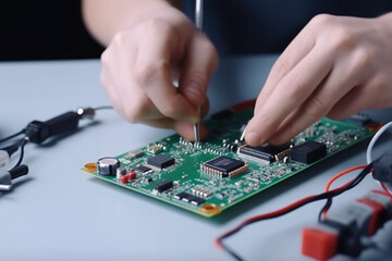 Technician use soldering iron to solder metal and wire of lithium-ion rechargeable battery, Repair module of Li-ion battery, Engineer hand holds soldering iron and tin-lead to solder electronic board - obrazy, fototapety, plakaty