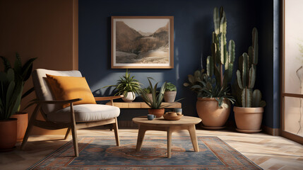 a living room with a cushioned chair and some plants, in the style of mediterranean landscapes - generative ai