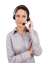 Customer service communication, studio and woman listen to conversation, telecom advice or telemarketing consulting. Callcenter person, contact us CRM and insurance agent talking on white background